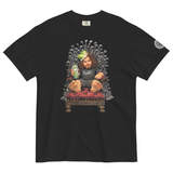 Black t-shirt featuring an illustration of Cody of Cody Tries Stuff sitting on an iron throne made of golf clubs, drinking an IPA, with a crown tilted on his head.